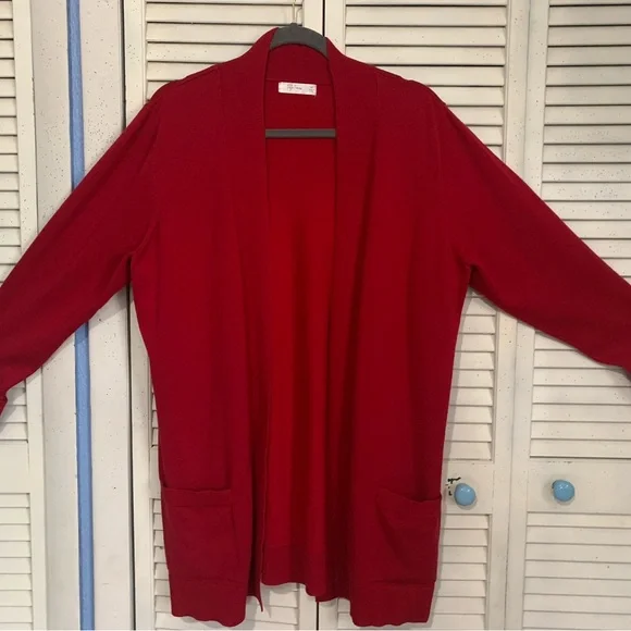 Chic Red Open Front Cardigan Classic With Pockets & Buttons - Picture 1 of 6